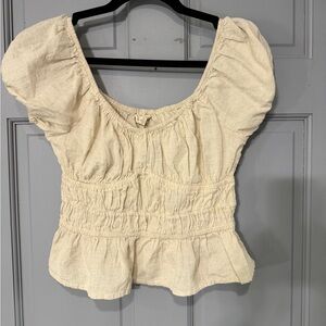 Elegant linen blend Cream Puff Sleeve crop Blouse